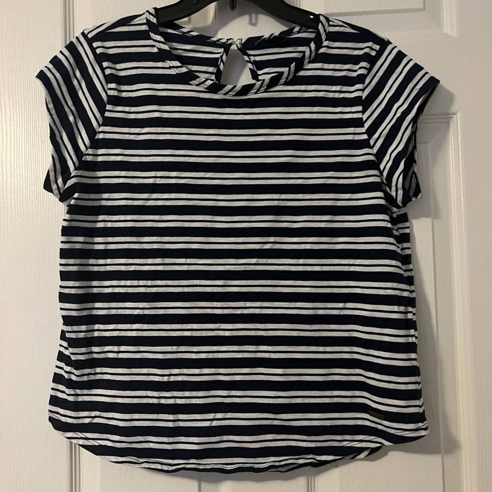 Nautica navy blue and white striped keyhole back tee